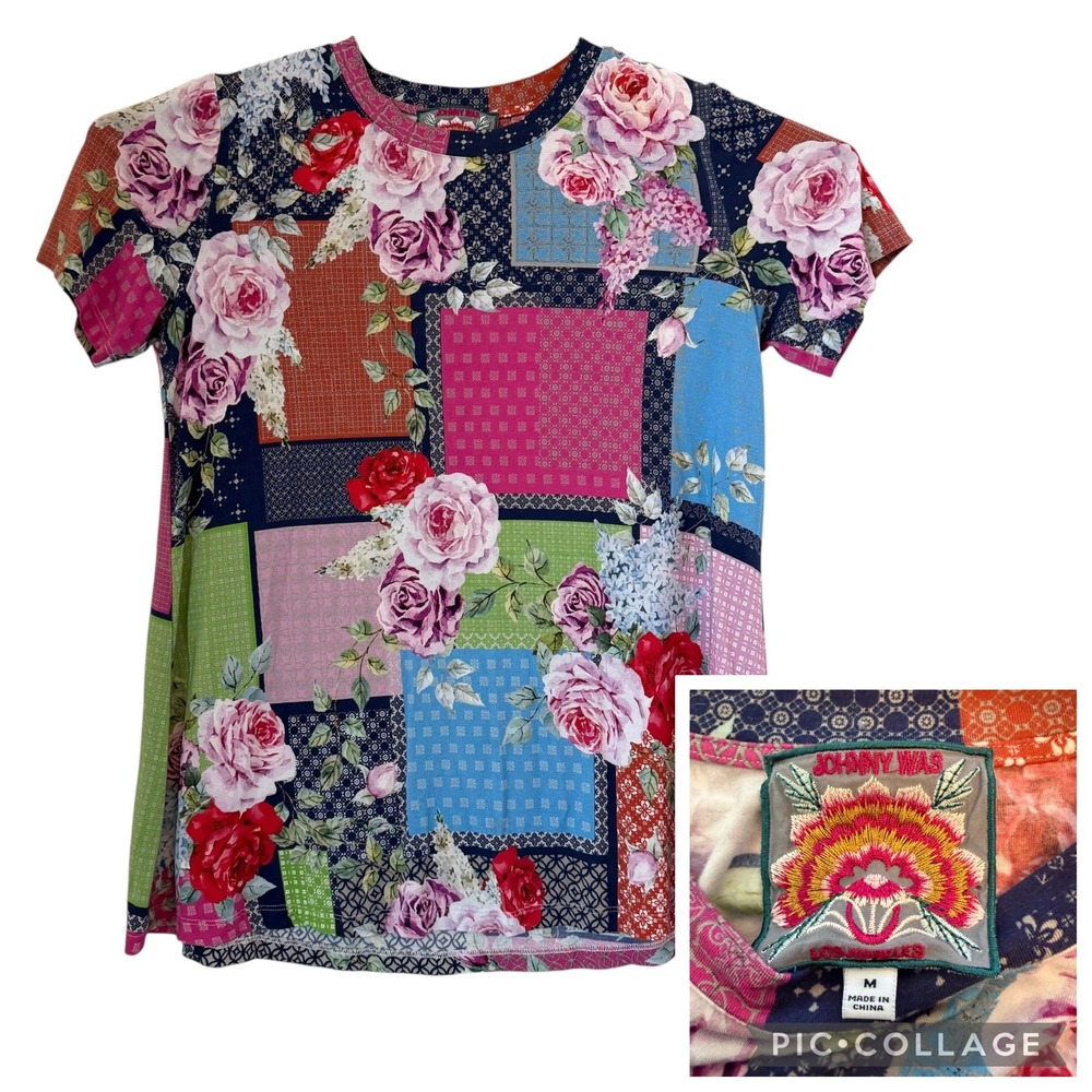 Johnny Was Janie Favorite Patchwork Bamboo Viscose T-Shirt‎ Swing Tee Medium